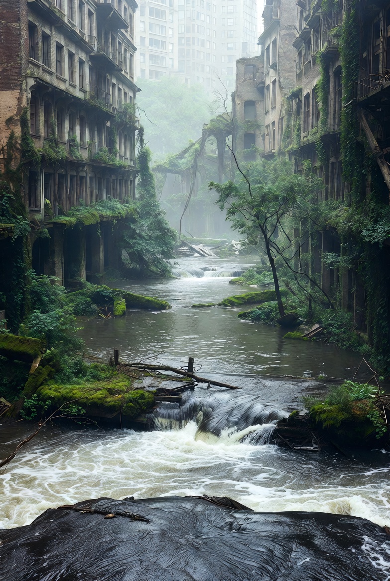 River returning through ruins